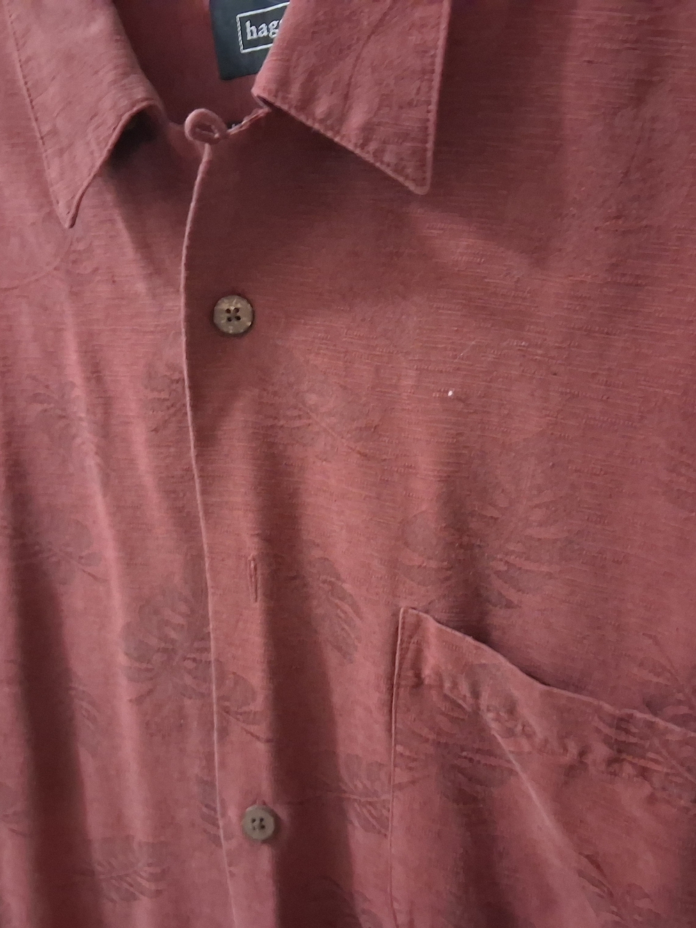 Vintage Haggar Mens XL 46" Burgundy Silk Woven Floral Short Sleeve Button-Up - Picture 5 of 6